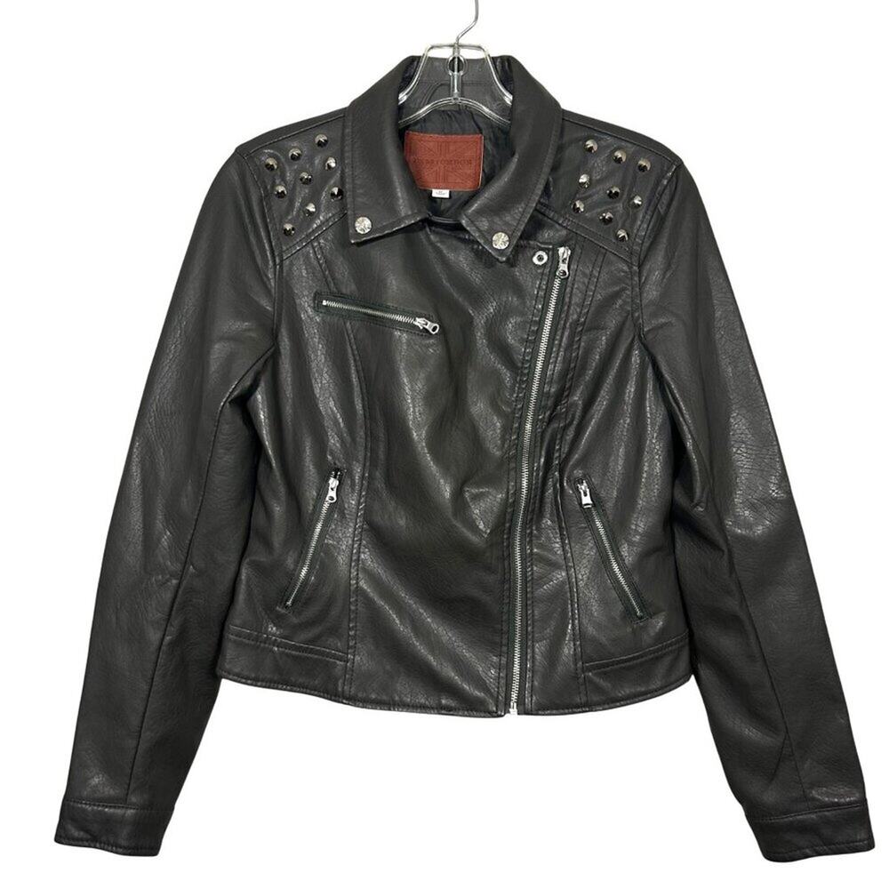 Womens Miss London Dk Gray Faux Leather Studded Motorcycle Jacket Size M, NWOT